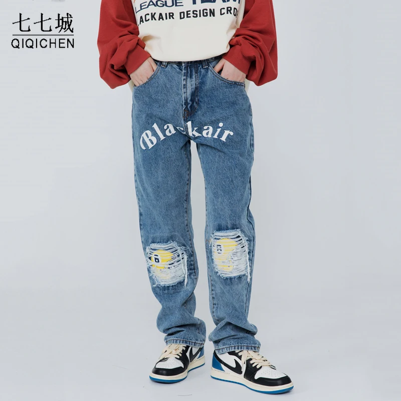 

Mens Hip Hop Denim Pants Letter Print Ripped Denim Pants Cotton Joggers Jeans Streetwear Harajuku Straight Pants Trousers Blue