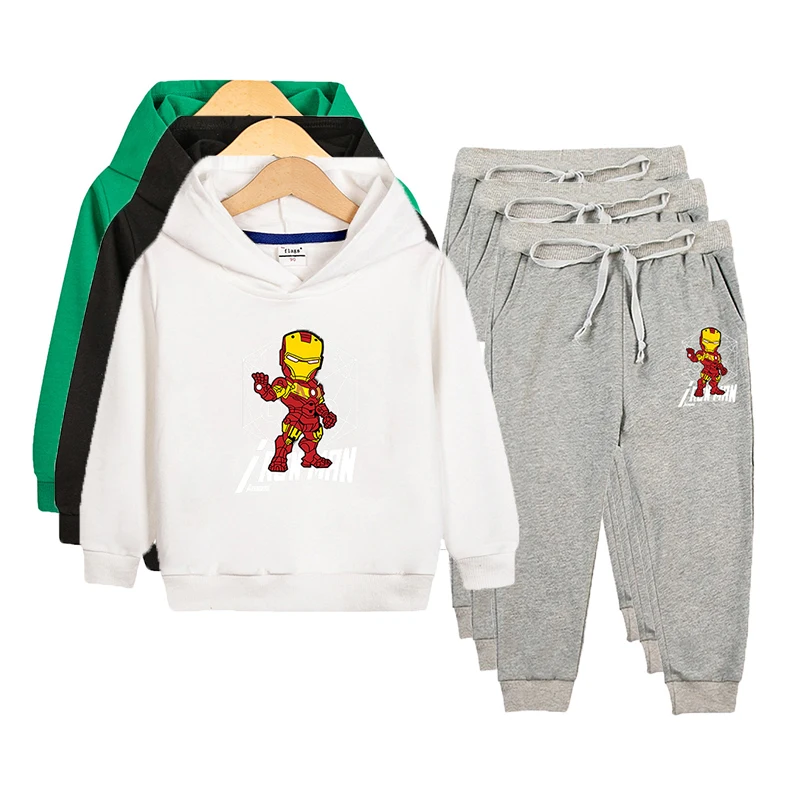 Iron Man Sports Suit for Boys Girls Spring Autumn Hooded Sweatshirt with Trousers 2 Piece Outfits 2-10 Years Children Clothes