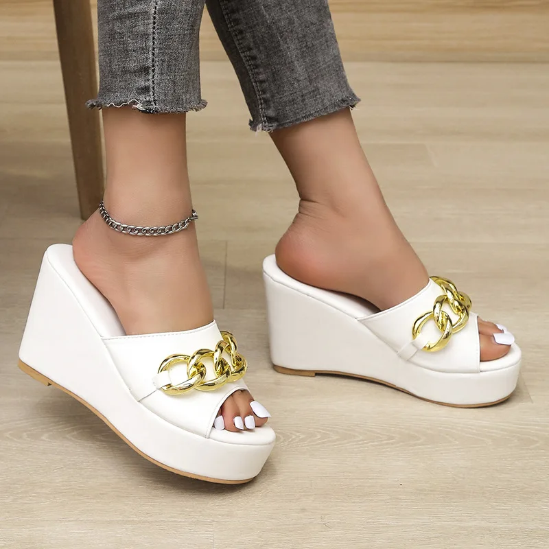 Shoes woman summer 2023 wedge heel heeled slippers chain thick sole platform shoes sandals heels for women
