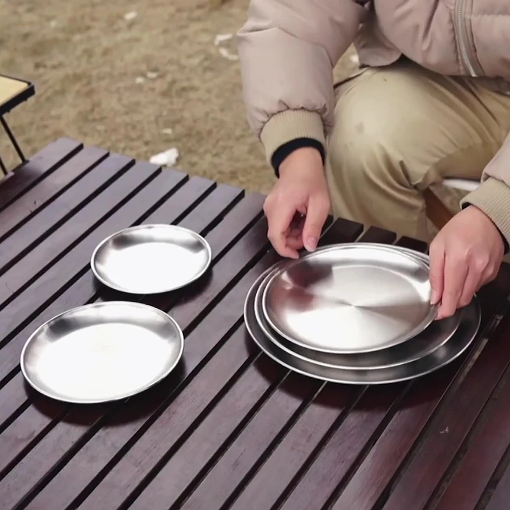 

14-26cm Diameter Camping Plate Stainless Steel Tableware Dinner Food Container Dishes Camping Cookware Utensils