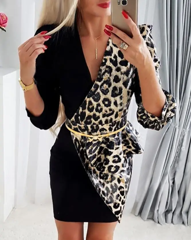 

Women's Dresses Autumn 2022 Cheetah Print Puff Sleeve Elegant Ruffles V-Neck Long Sleeve Skinny Mini Work Dress with Belt