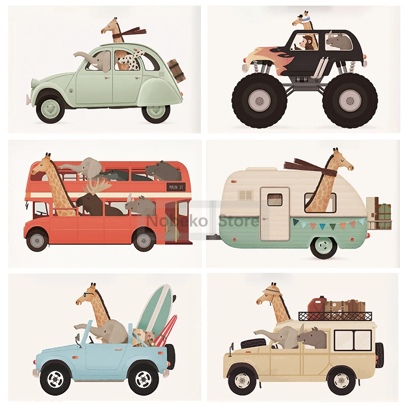 Картина на холсте с забавными животными машине