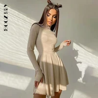 boozrey elegant solid dress for women long sleeve knitted bottoming a line pleated skirt casual streetwear turtleneck dress girl