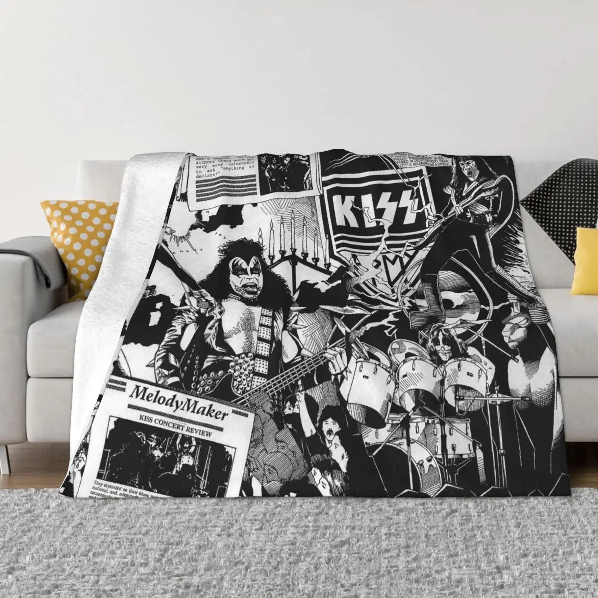 

Kiss Rock Band Blanket Flannel All Season Black And White Portable Soft Throw Blankets for Bedding Travel Plush Thin Quilt