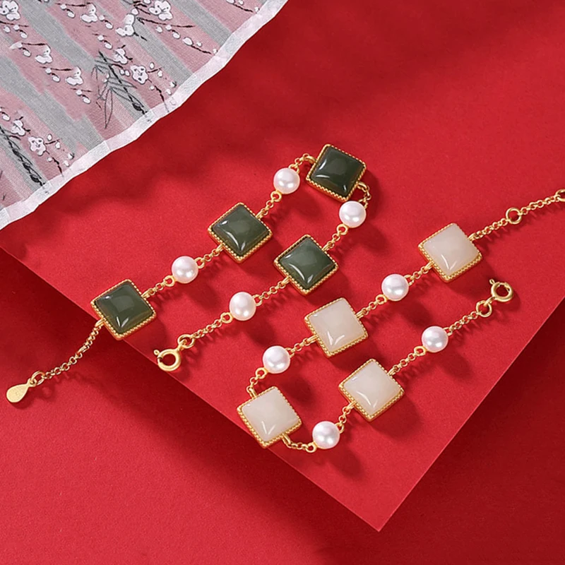 

Ancient gold craftsmanship new silver inlaid natural Hetian chalcedony geometric pearl necklace charm female brand jewelry