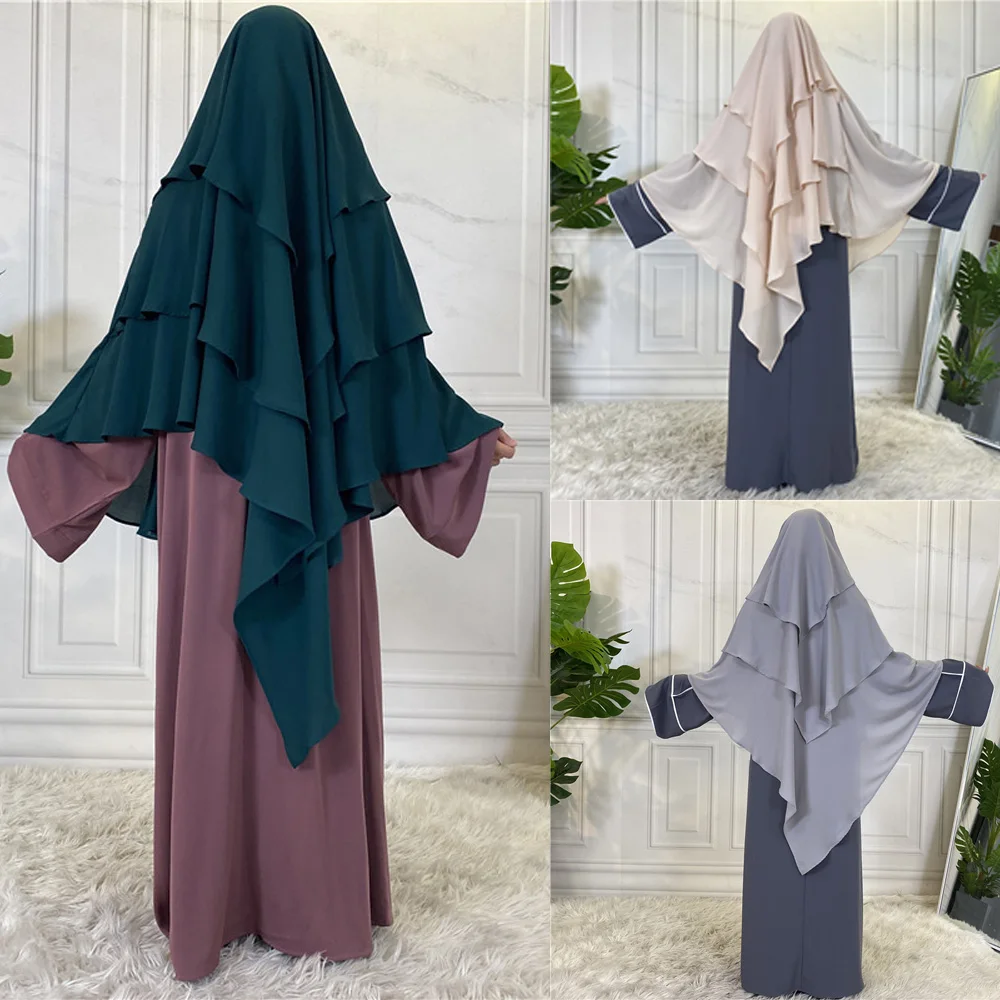 Lady Fashion Dubai Turkey Turban Muslim Khimar Three Layer Ruffles Hijabs  Arabic Women Islamic Shawls Scarves Prayer Garment