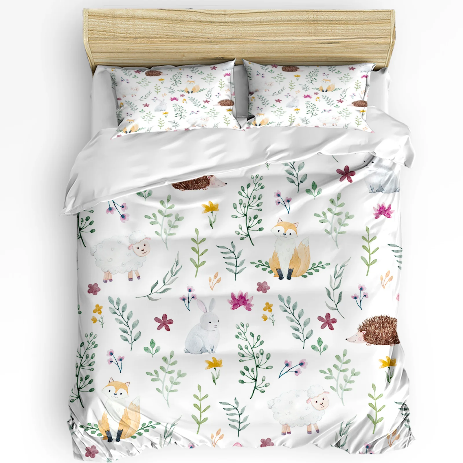 

3pcs Bedding Set Cartoon Animal Hedgehog Fox Rabbit Green Leaf Duvet Cover Pillow Case Boy Kid Teen Girl Bedding Covers Set