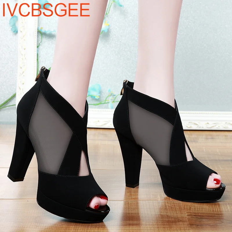 

Summer Women High Heel Shoes Mesh Breathable Pomps Zip Pointed Toe Thick Heels Fashion Female Dress Shoes Elegant Footwear