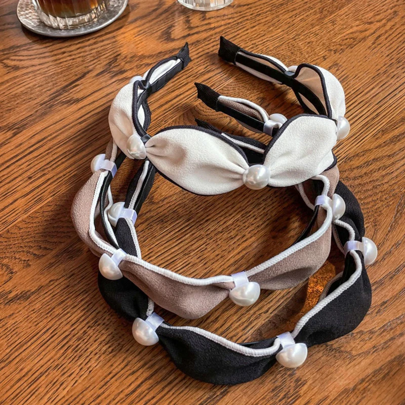 

Retro Pearls Pleated Headbands Elegant Vintage Head Hoop Simple Black White Hair Hoop Wide Hairband Handmade Hair Accessories