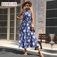 wayoflove woman summer sexy neck mounted long dress elegant party blue print sashes hollow vestidos casual holiday beach dresses