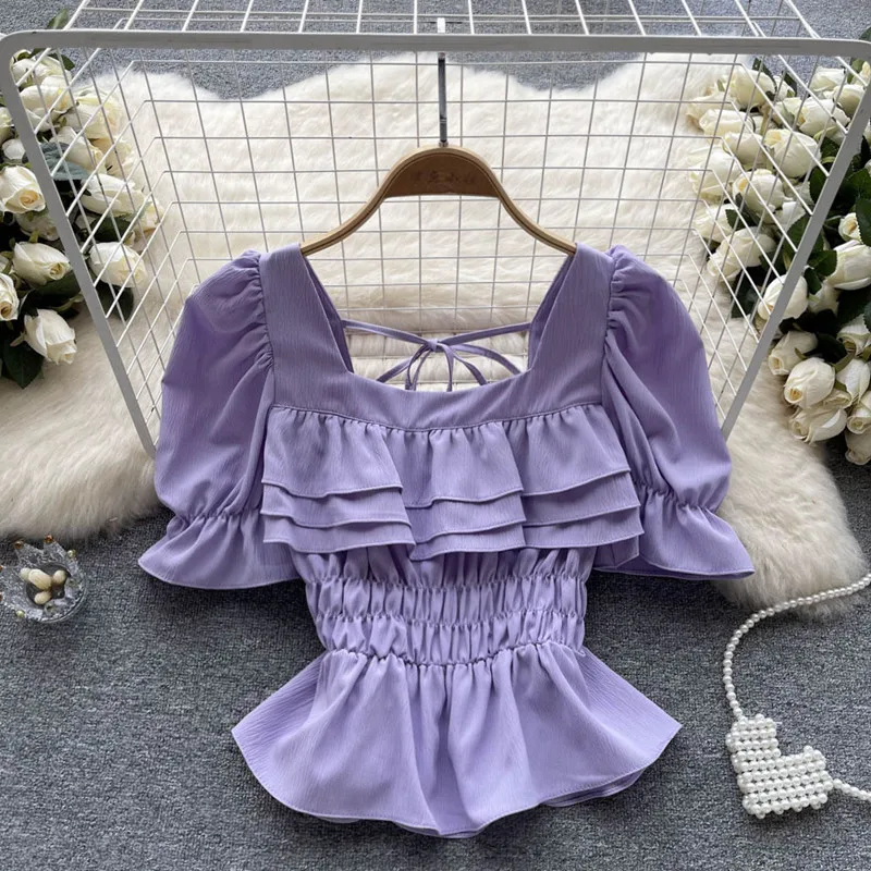 

Design sense square neck lace-up puff short sleeve ruffle shirt Women's fashion backless short top trend blusa feminina blouses