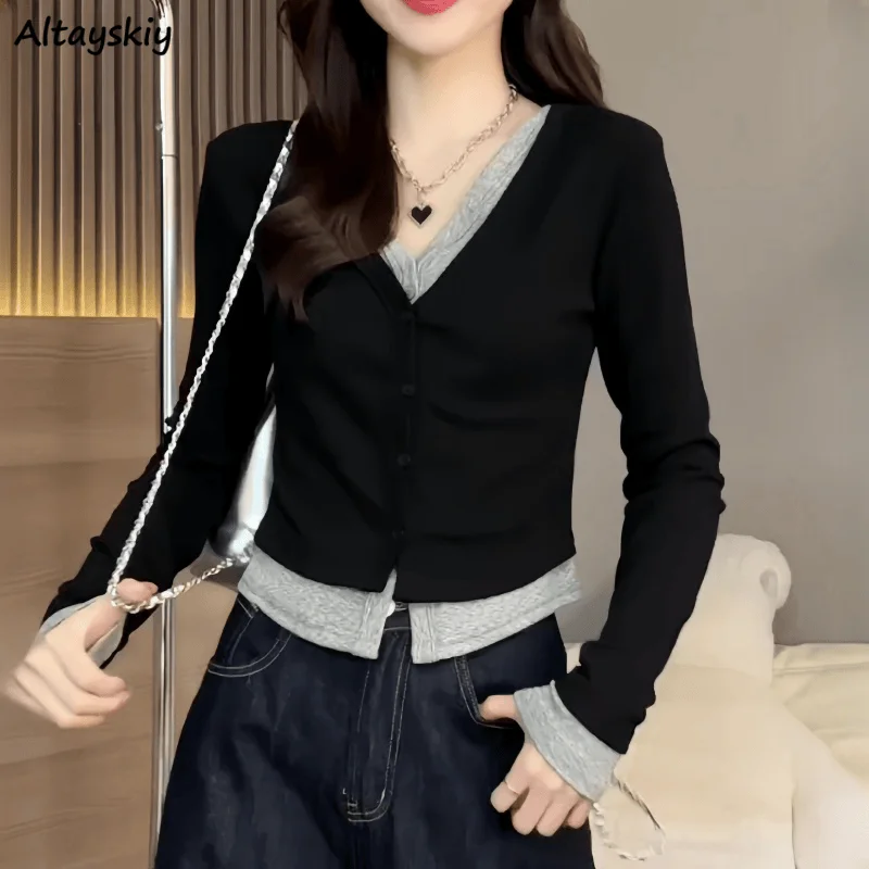 Женские рубашки с V-образным вырезом имитация 2 шт. Осенние пикантные пряные