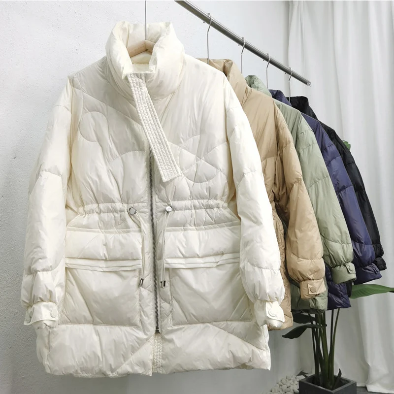 2022 New Winter Women Lightweight 90% White Duck Down Coat Thick Warm Long Sleeve Loose Puffer Jacket Winter Pocket Snow Parkas