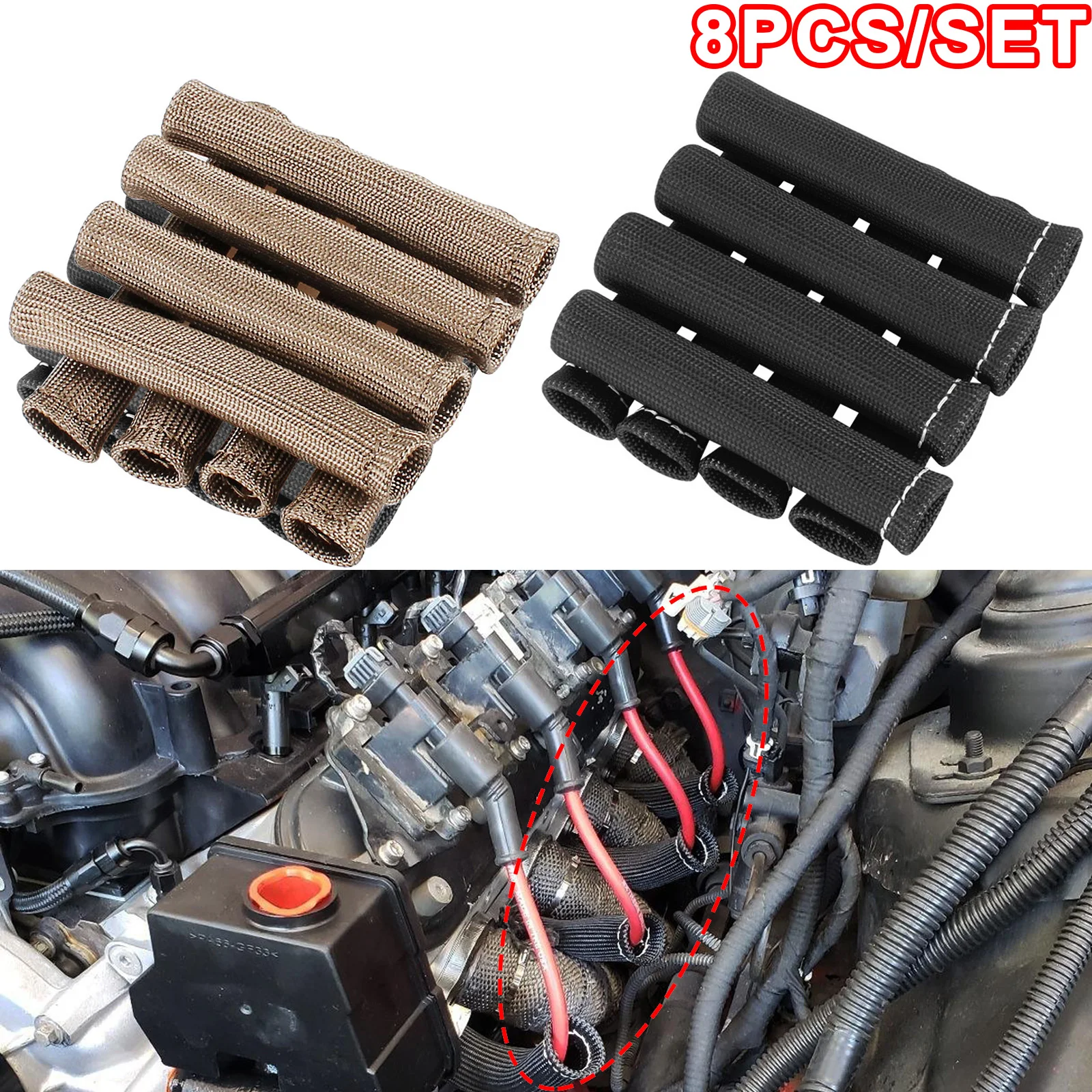 

8PCS/Set 6 Inch Spark Plug Wire Boots Heat Shield Protector Sleeve 2500 Degree Spark Plug Heat Cover Wrap for SBC BBC 350 454