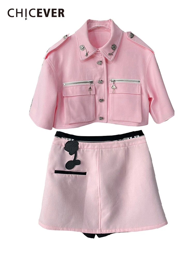 

CHICEVER Plain Set For Women Lapel Short Sleeve Zipper Tops Elastic High Waist Short Pant Casual Sets Female 2022 Summer Clothes