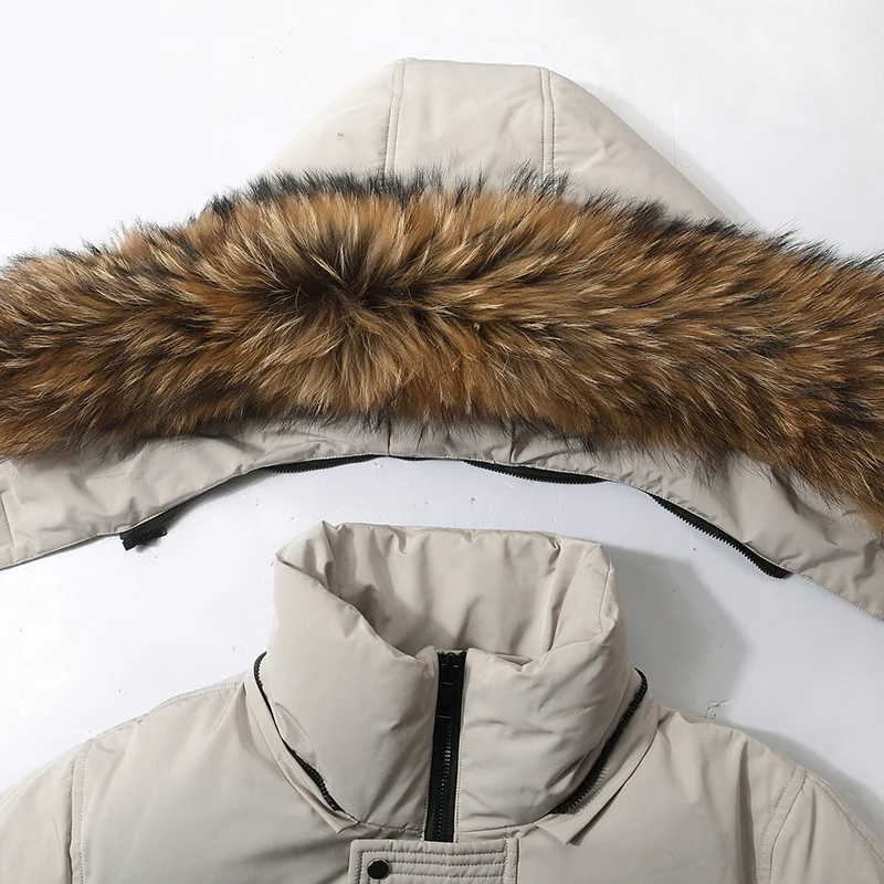 Detachable fur hooded white duck down warm winter jacket - 30 degree Multi Pocket hooded men's coat