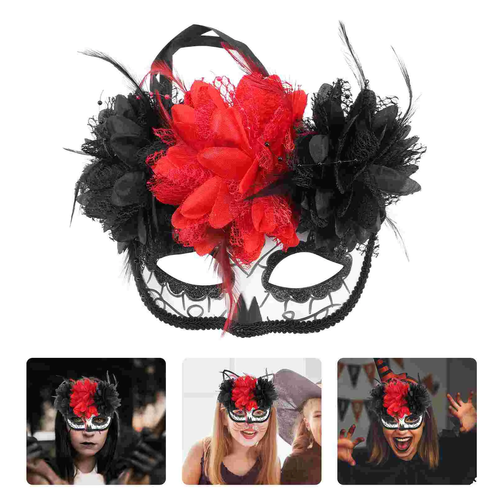 Маска Маскарад Дню Мертвых для косплея Половина лица с цветочным макияжем Черный