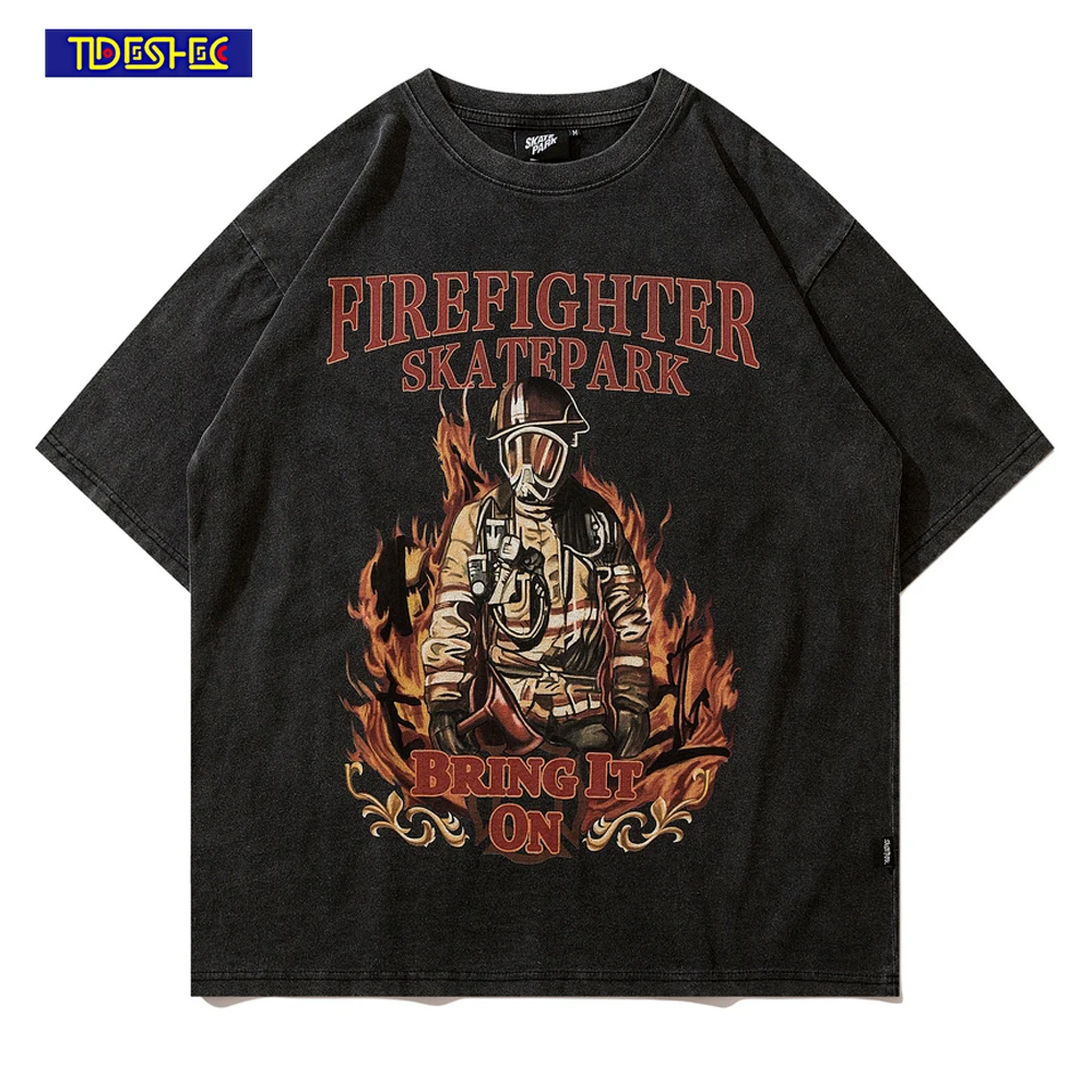 

TIDESHEC Streetwear T-Shirt Men Hip Hop Oversized Firemen Graphic 2022 Harajuku Tshirt Cotton Summer Tops Washed Black T Shirt