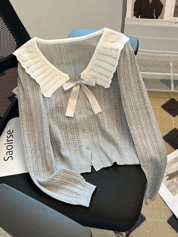 

Preppy Style Kawaii Peter Pan Collar Sweater Women Grey Pullover Warm Knitwear Jumper Casual Autumn Winter Kpop 2000s Aesthetic