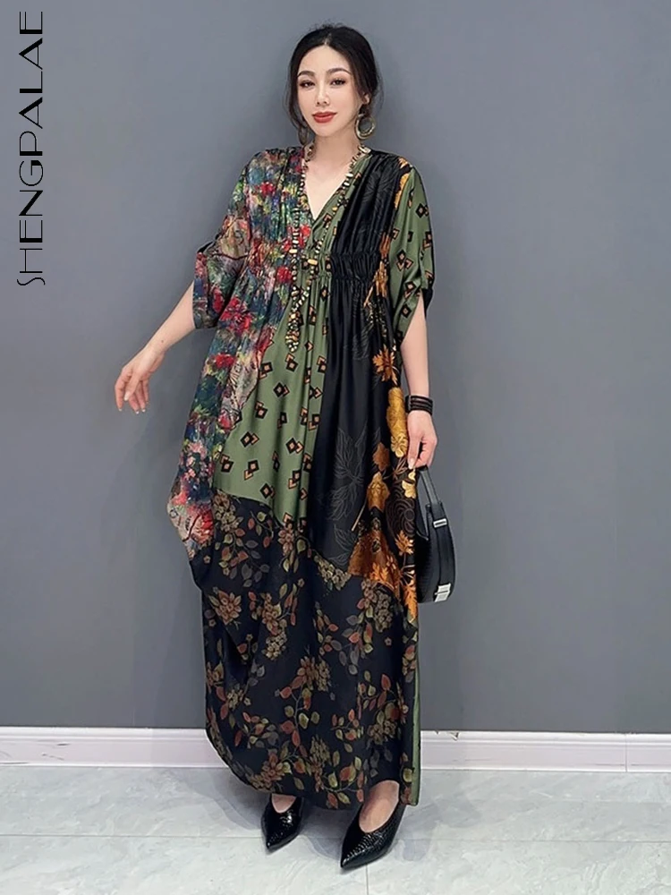 

SHENGPALAE Fashion Women's Dress Printed Patchwork V-neck Falling Shoulder Sleeve Folds Contrast Color Full Length Dress 5W3536