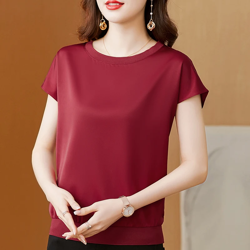 

Блузка Женская атласная с коротким рукавом, зеленый топ в винтажном Корейском стиле, шелковая уличная одежда, на лето