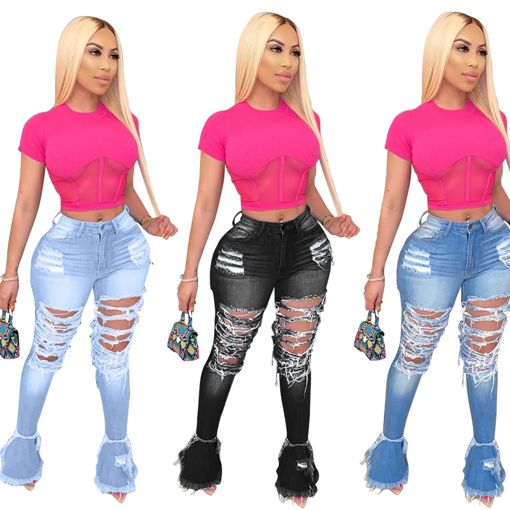 

European and American women's wear 2022 new ripped personality street trend flared jeans