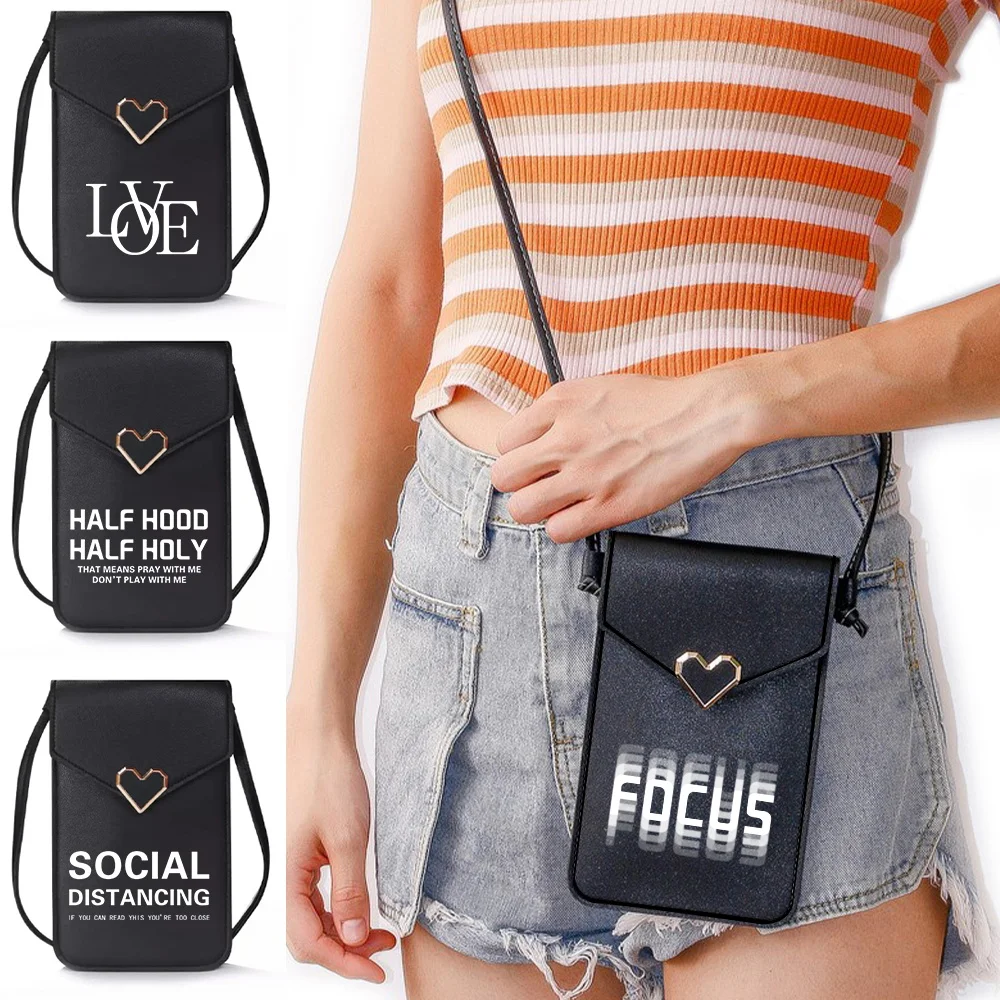 

Mobile Phone Bag Women Wallets Shoulder Crossbody Bags Text Print Handbags PU Leather Purse Small Touch Screen Cell Phone Pack