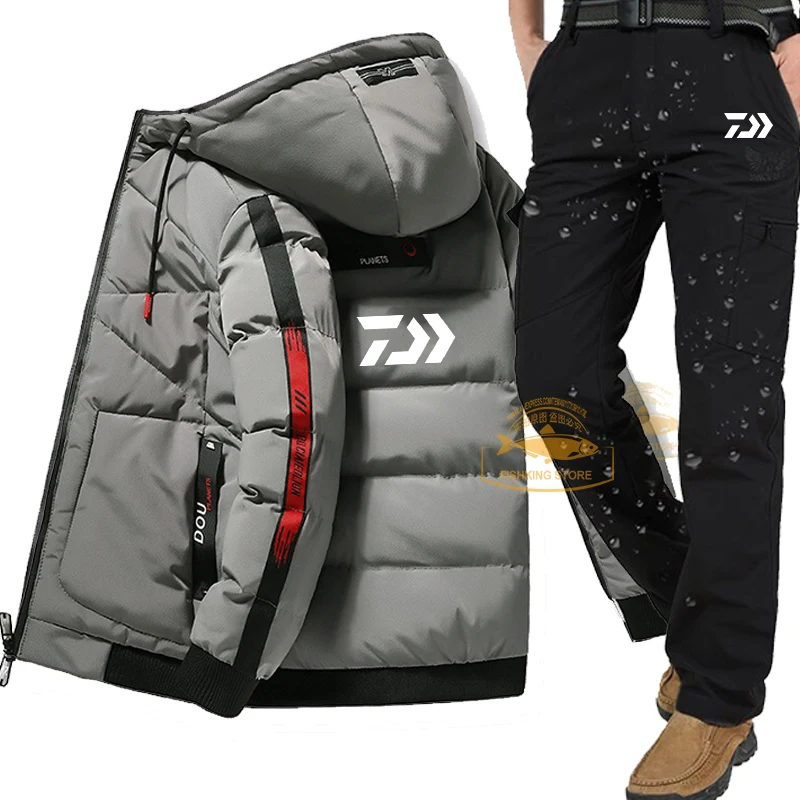 

Autumn Winter Men's Waterproof Fishing Clothing Fleece Multi-pocket Cargo Pants Fishing Clothing Hooded Sports Jacket