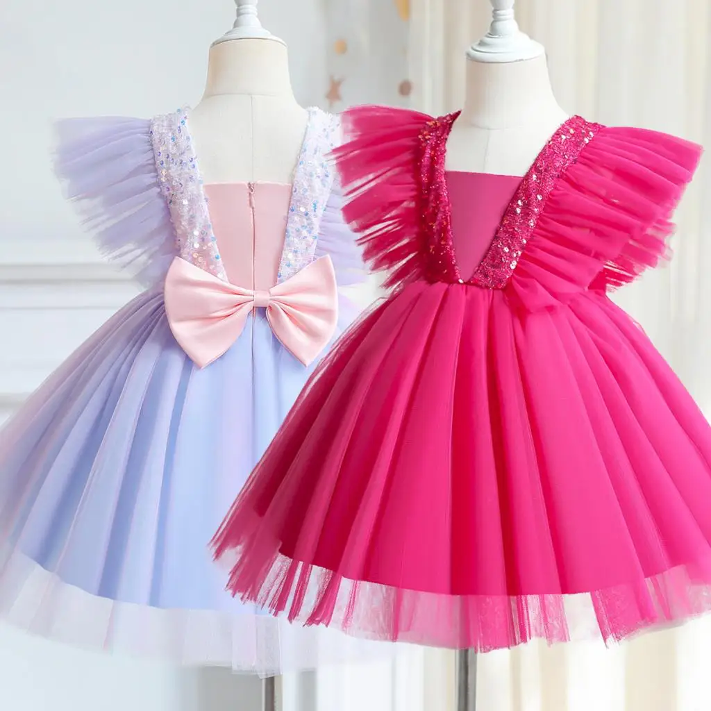 

Summer Children Dresses for Girls Elegant Wedding Bridesmaid Dresses Backless Bow Tulle Evening Party Gown Kids Princess Costume