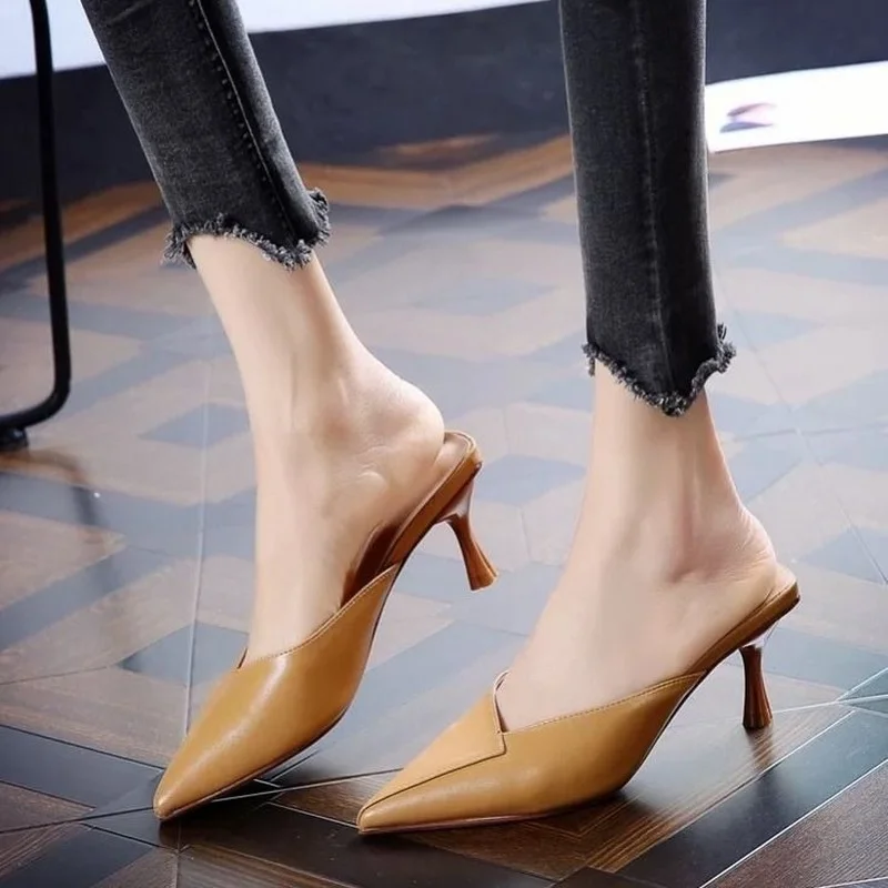 Simple Mid-heel Pointed Slippers Women Sandals 2021 Summer High-heeled Womens Shoes Sexy Outside Modern Slippers Fashion Slides
