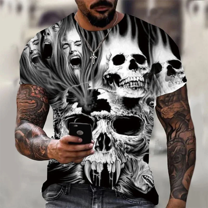 

Summer 2022 Skull T-shirt Punk Rock Short Sleeve 3d Printed T-shirt Retro Gothic Men's Apparel Summer футболка мужская y2k