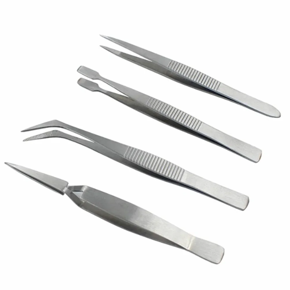 

4pcs Stainless Steel Tweezers Thickened Precision Industrial Tweezers Dressing Straight Bent Clip Repair Hand Tool