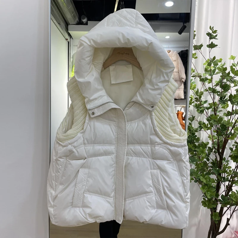 Streetwear Women Autumn Winter Sleeveless vest 2022 Solid Hooded white duck down coat Waistcoat Female clothes Brown INKEO 2O156