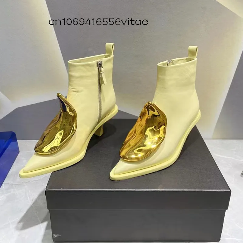 

Runway High Heel Women Genuine Leather Pointed Toe Metal Sheets Decor Ankle Ladies Autumn Sexy Short Boots