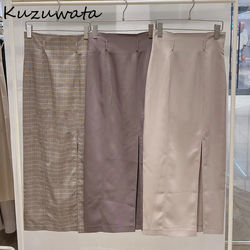 

A GIRLS Japan Style Elegant Women Skirts Solid Plaid High Waist Package Hip Side Slit Faldas 2022 Autumn New Fashion Jupes