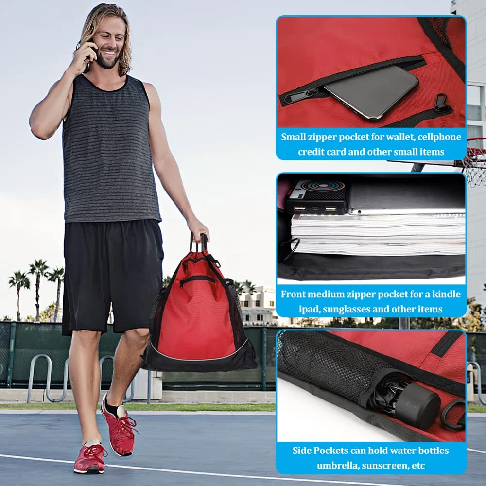 Drawstring Basketball Backpack for Boys, Large Capacity Outdoor Sports Bag with Detachable Ball Mesh Bag for Gym, Yoga, Hiking,