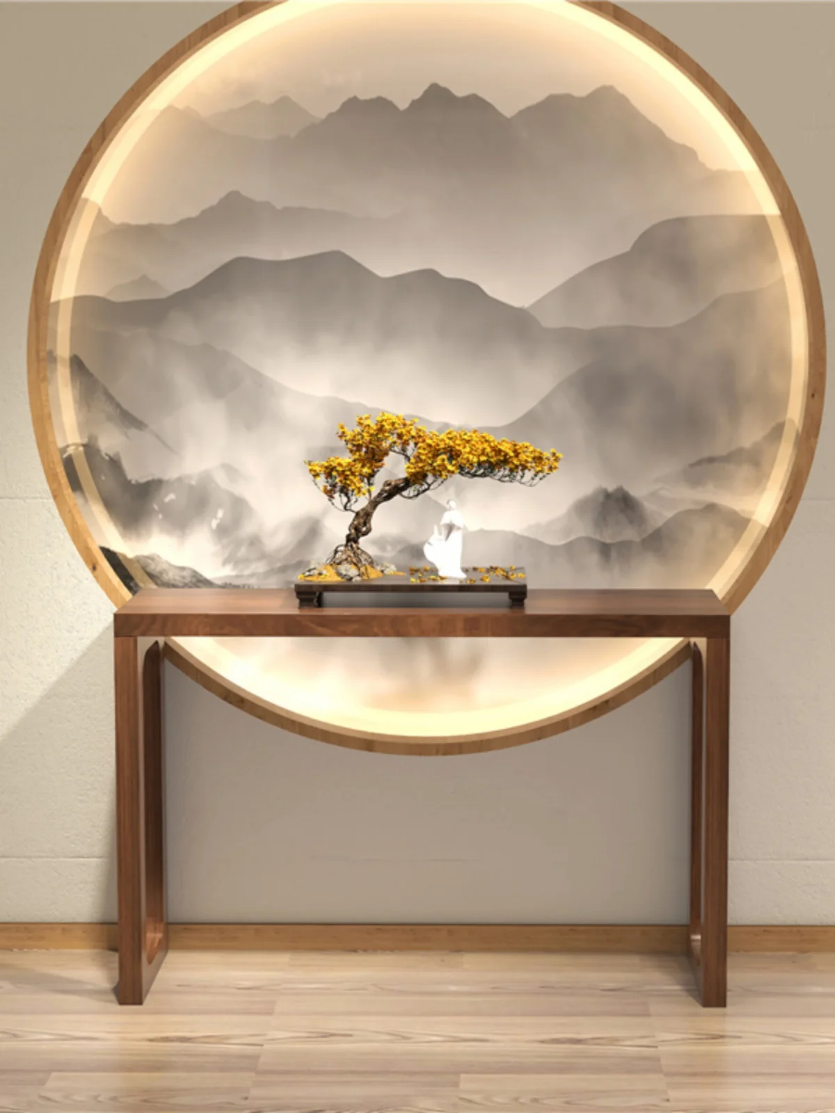 Входной стол в новом китайском стиле размещается на стене при входе дом