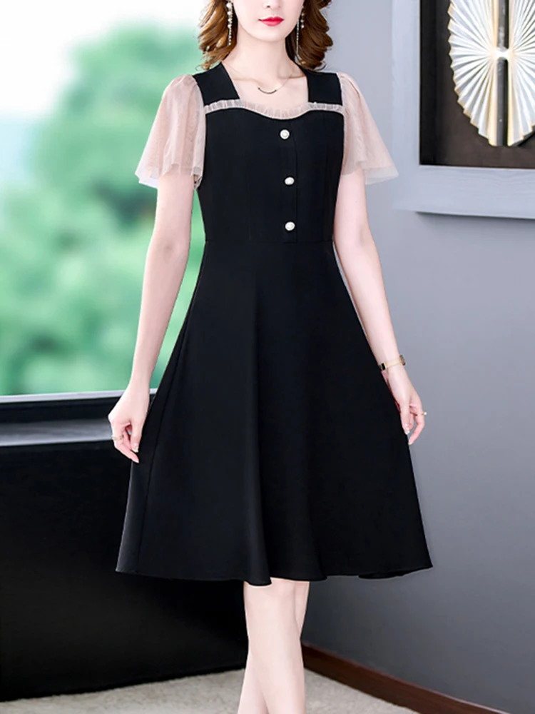 

Женское лоскутное платье миди с рюшами, черное элегантное винтажное платье в Корейском стиле Хепберн с рукавами-фонариками и воротником, ле...