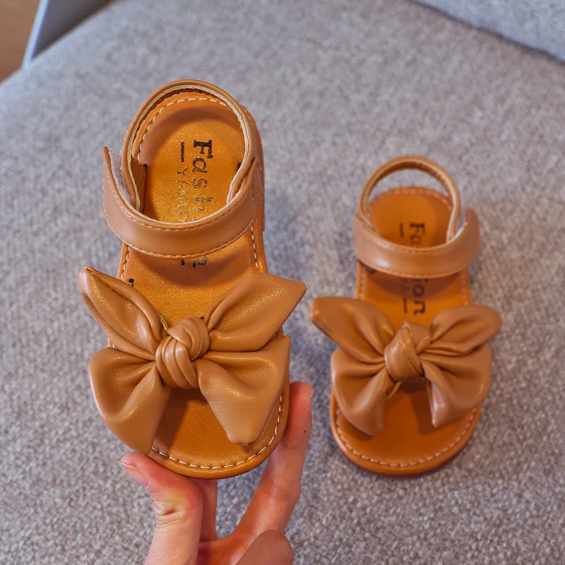 

Summer Kids Girl Sandals Roman Soft Leather Shoes Princess Girl Bowtie Flat Shoes Black Beige Brown Toddler Child Sandals