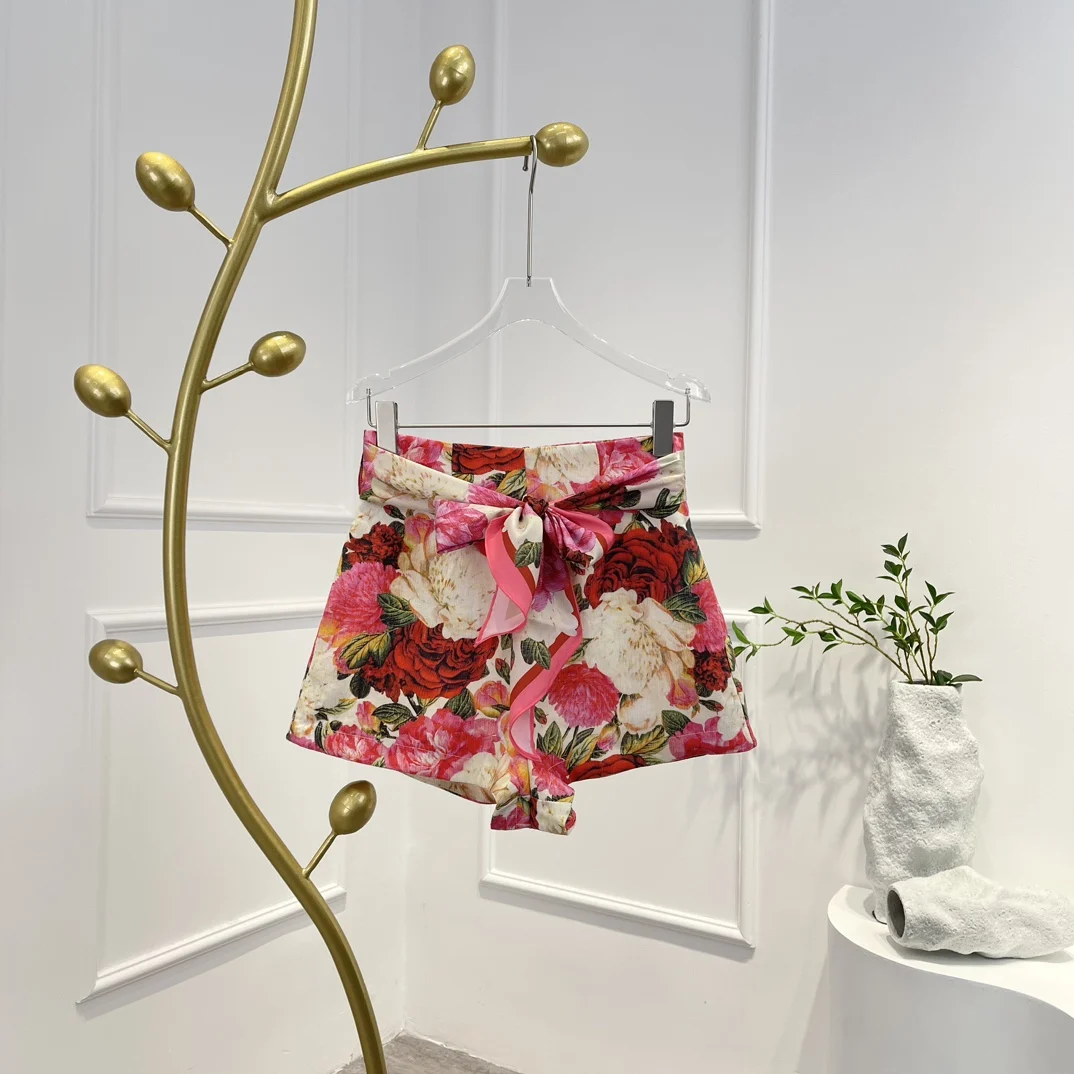 

Vintage Floral Print Ladies Shorts Self Lace up Bow 2023 High Quality Summer Clothing