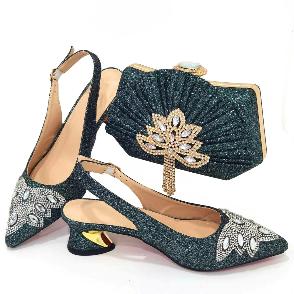 

Dark GreenWomen Shoes And Bag Set African Medium Heels Pumps Match With Handbag Sandals Escarpins Femmes Sandales CR935-2