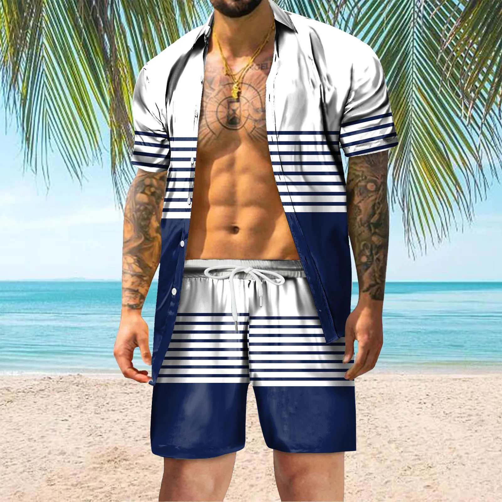 

Костюм спортивный мужской из 2-х предметов, с принтом в полоску, с отложным воротником и коротким рукавом, пляжная одежда