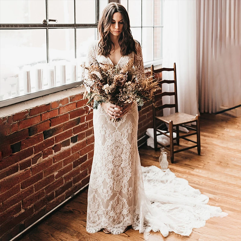 

#10331 Sweep Train V Neck Long Sleeve Bohemian Backless Lace Sheath Bridal Gown Simple Plus Size Mermaid Wedding Dress