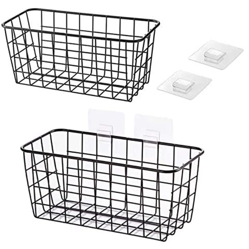 

Adhesive Sturdy Storage Baskets With Kitchen Food Pantry Bathroom Shelf Storage No Drilling Wall Mounted,2 PACK,Black