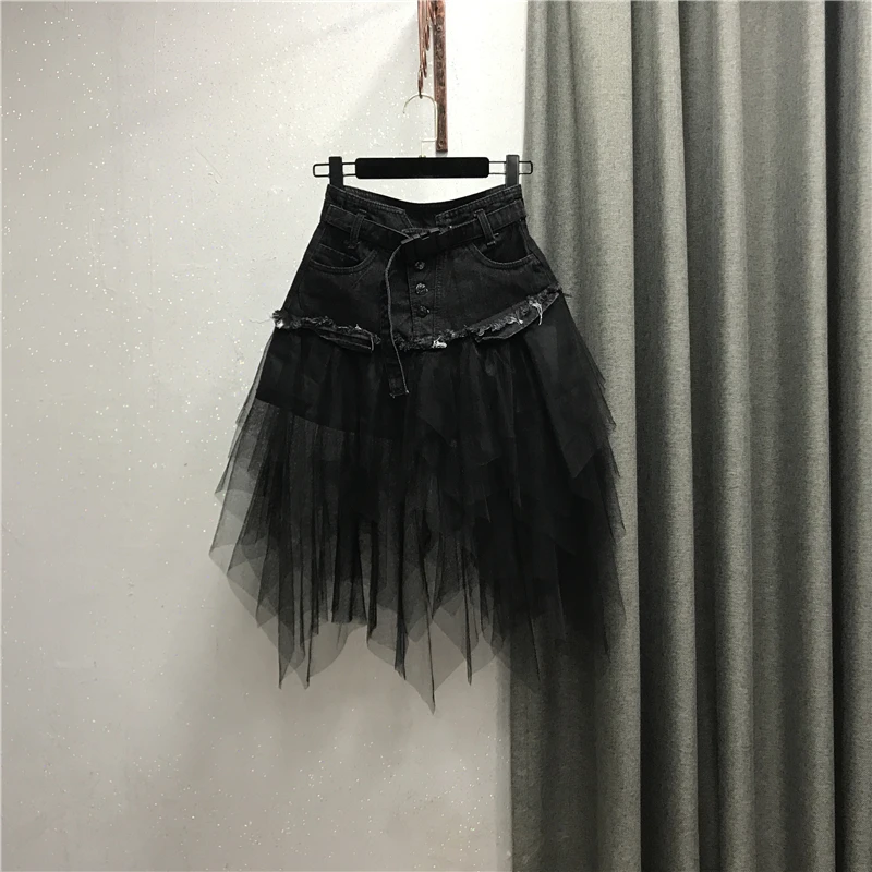 wa gotycka tiulowa spódnica dżinsowa Tutu damska nieregularna wysoka talia linia plisowana Midi Patchwork Punk asymetryczna letnia impreza klubowa