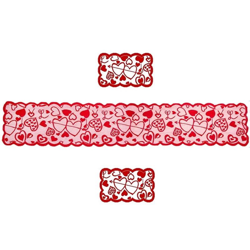 

Valentine's Day Lace Table Runner and Placemats Set-Red Heart Printed Table Runner for Valentine's Day Table Decorations