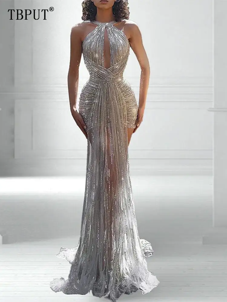 

Fashion Women's Evening Mini Dress Sexy Hanging Neck Sleeveless Trailing Vestidos Trendy Hollow Out Pleated Wrap Hip Dresses