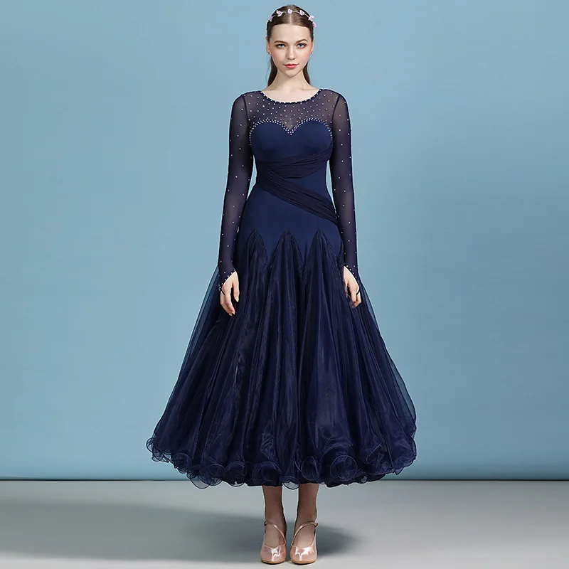 

Женское платье для современных танцев, темно-синее/Сиреневое платье с длинным рукавом и юбкой-качели, одежда для бальных танцев, M22059