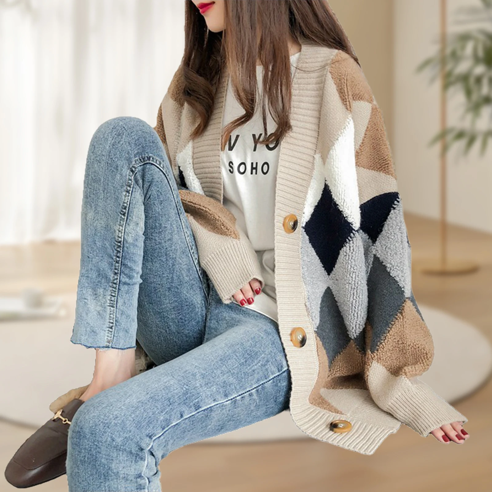 

Women's Woolen Cardigan Single Breasted Sweater Diamond Pattern Top Knitted Pullovers Loose Long Sleeve Casual Sweater Mujer