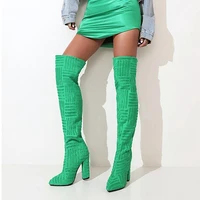2022 winter green thigh high boots for women sexy block heel dress party shoes flock ins club womens boots female trendy shoes
